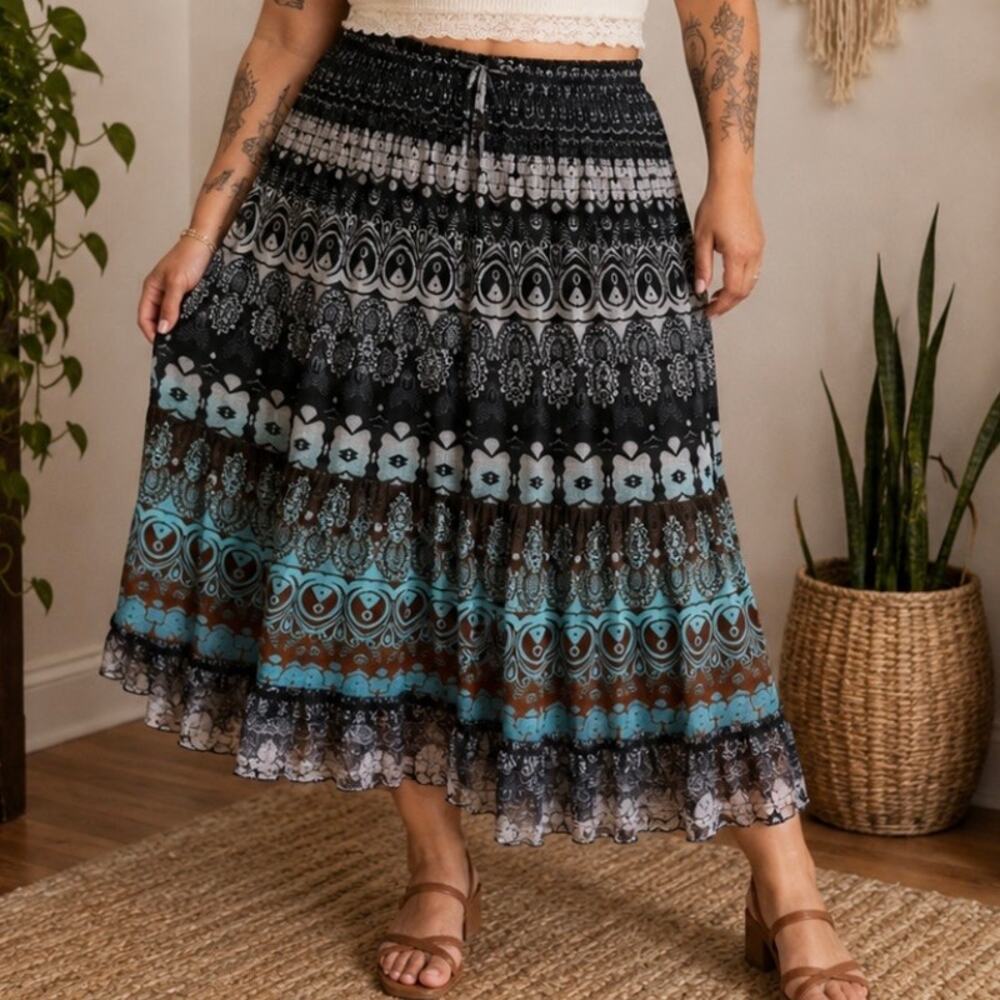Lapis Large Boho Midi Maxi Skirt Smocked Waist Festival Tiered Sheer